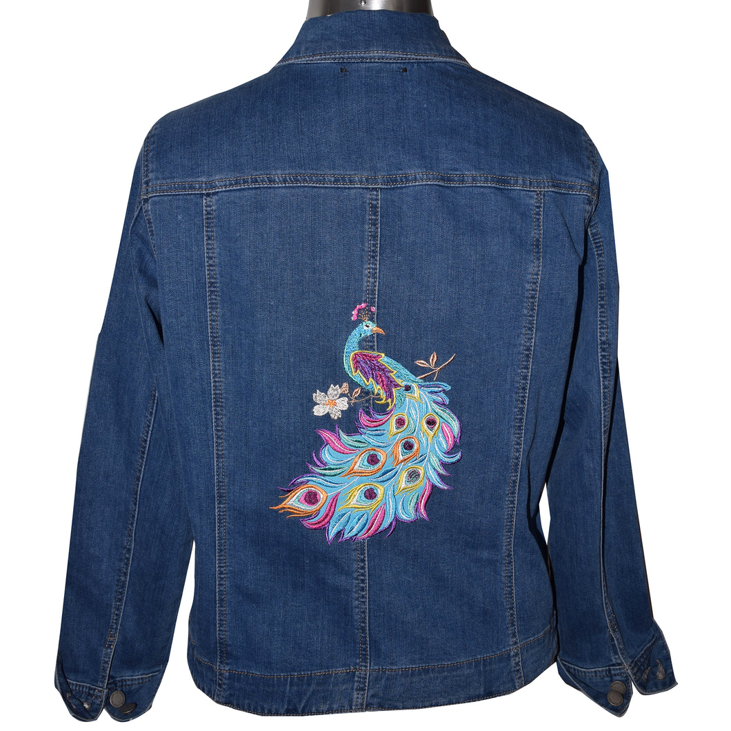 Peacock Embroidered Blue Denim Stretch Jacket XL