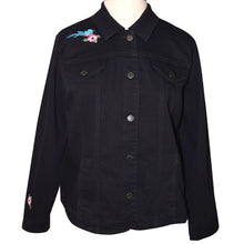 Load image into Gallery viewer, Floral Embroidered Black Denim Jacket XXL
