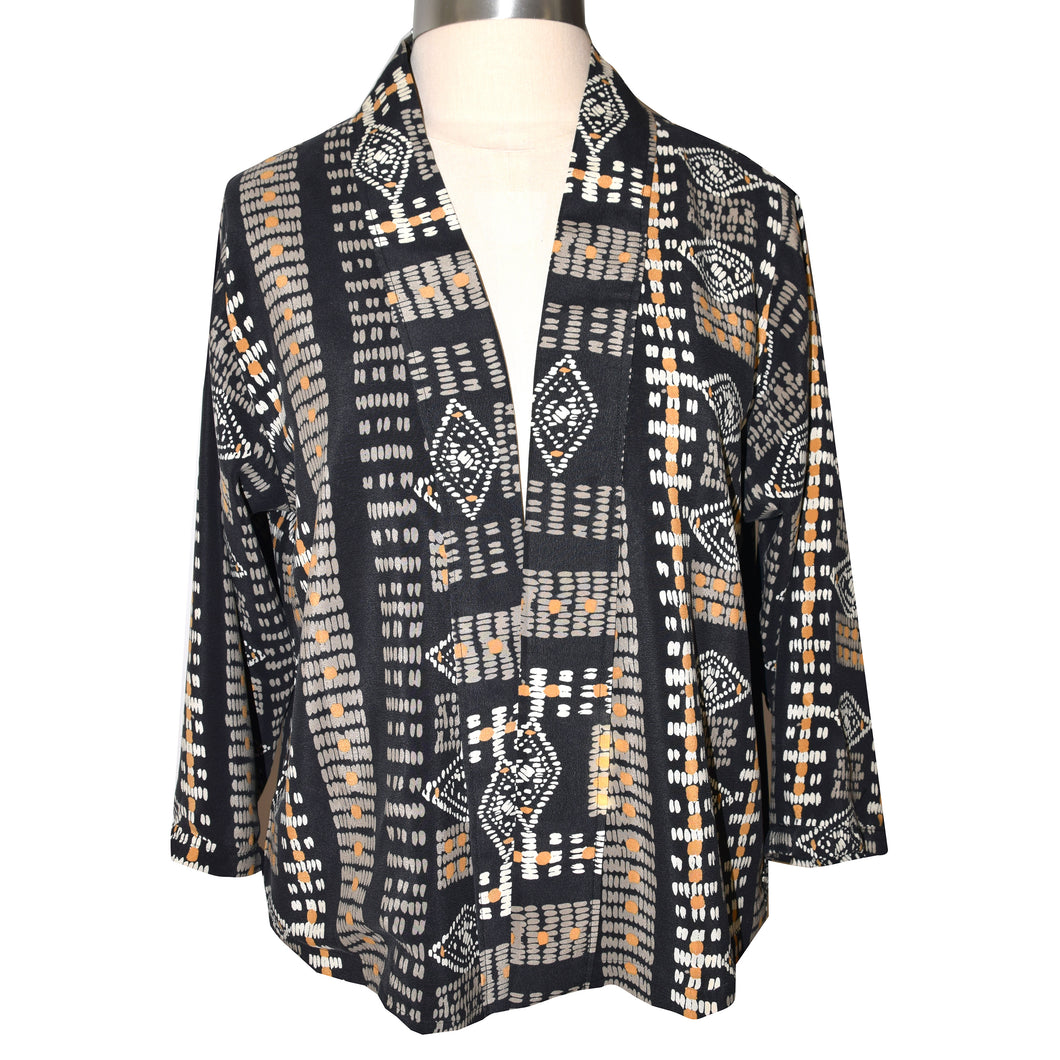 Handsome Crepe de Chine Silk Kimono Jacket in Gold and Black Pattern