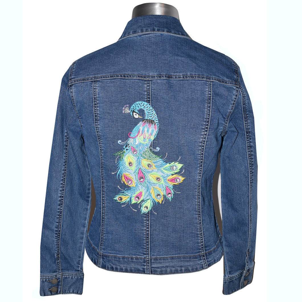 Embroidered Peacock Lyon Blue Denim Jacket M