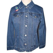 Load image into Gallery viewer, Embroidered Peacock Lyon Blue Denim Jacket M

