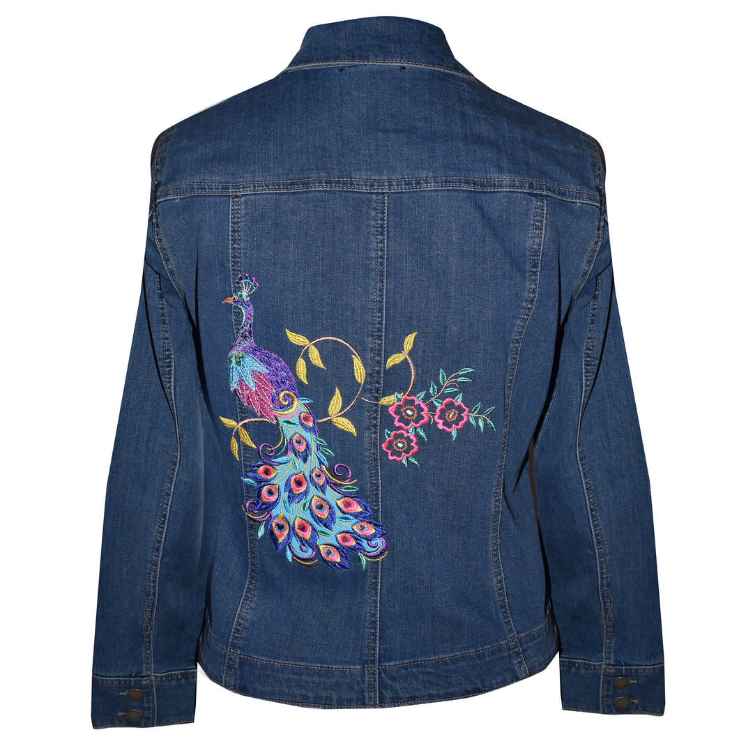 Stunning Peacock Embroidery  Blue Denim Jacket Med