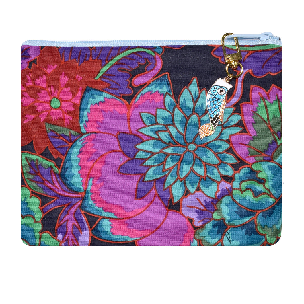 Fuchsia Floral Print Kindle Padded Zippered Case with Koi Zipper Pull