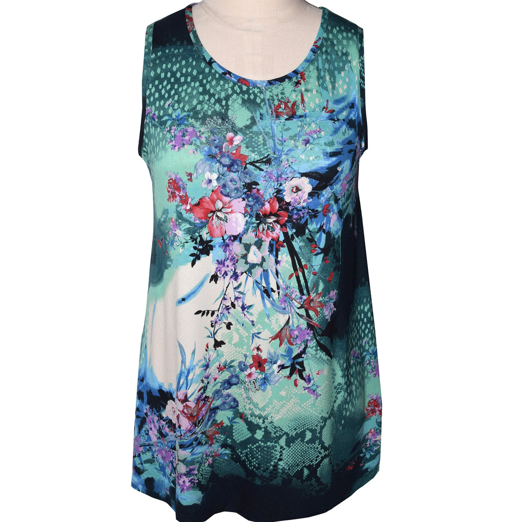 Beautiful Turquoise Floral Knit Print Sleeveless Top