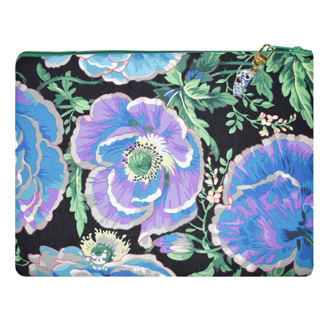 Purple Aqua Floral iPad/Laptop Zippered Case with Koi Zipper Pull