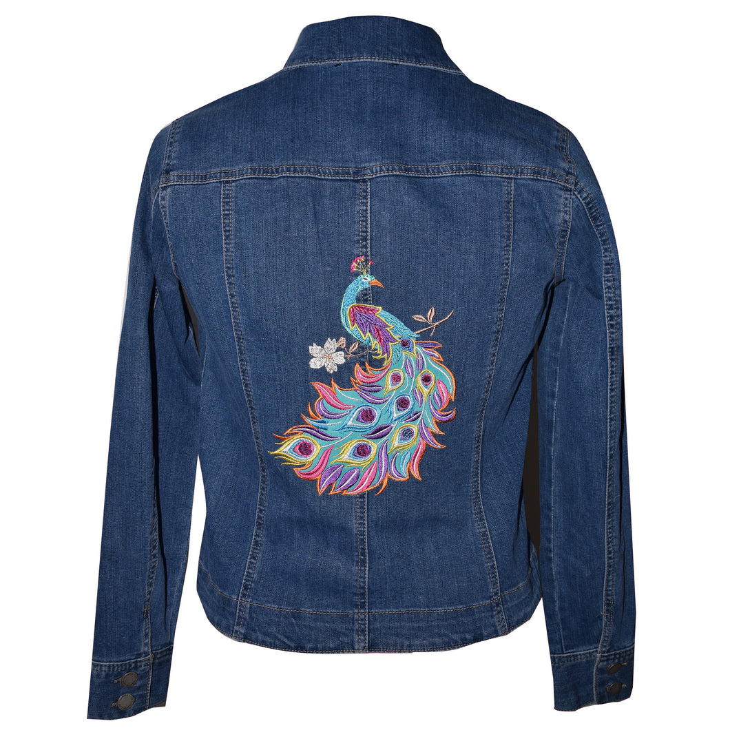 Peacock Embroidery Blue Denim Stretch Jacket SM