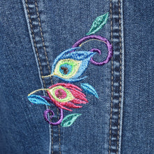 Load image into Gallery viewer, Fashionable Embroidered Peacock with Floral Blue Denim Jacket LG
