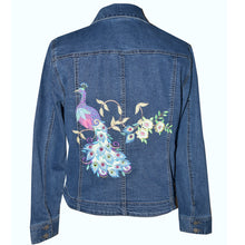 Load image into Gallery viewer, Fashionable Embroidered Peacock with Floral Blue Denim Jacket LG
