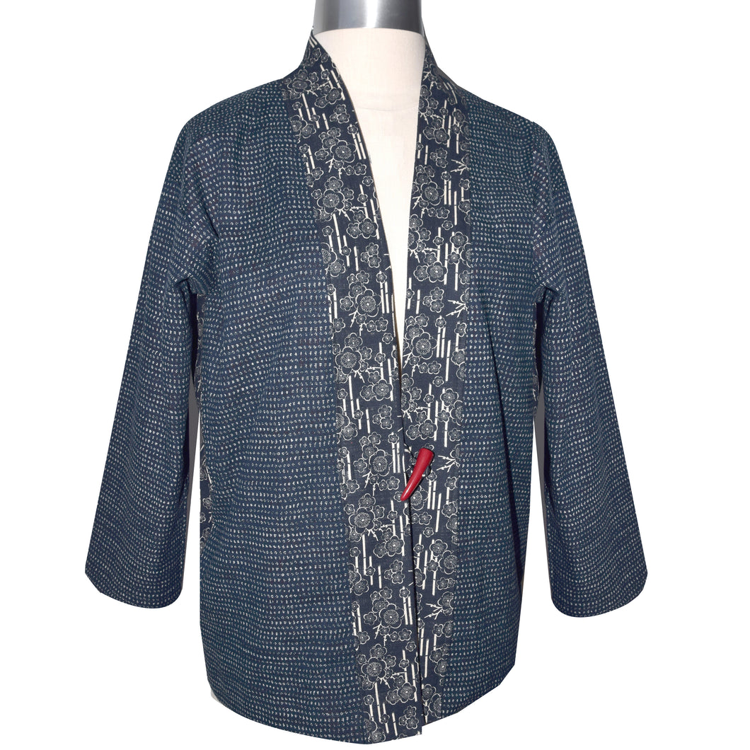 Handcrafted Indigo Cotton Lined Kimono Jacket with Contrast Neckband