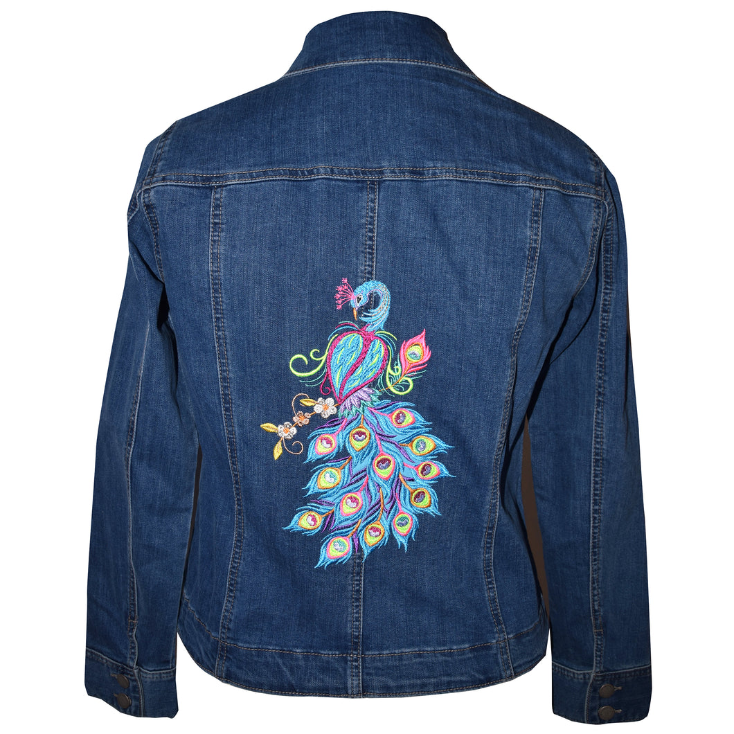 Embroidered Peacock Blue Denim Jacket M