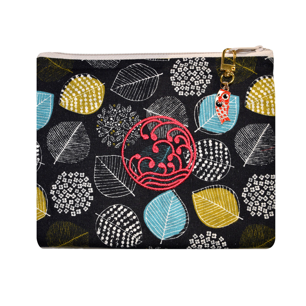 Multicolor Leaf Pattern II Kindle Zippered Bag with Koi Charm Zipper Pull