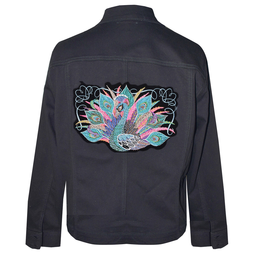 Fashionable Black Stretch Denim Embroidered Peacock Jacket XXL