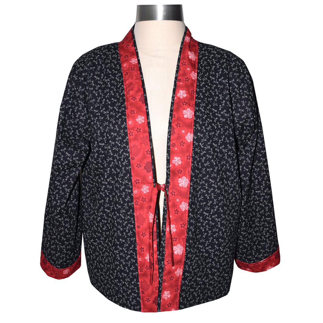 Hand crafted Kimono Style Jacket in Navy Cotton Print with Red Trim