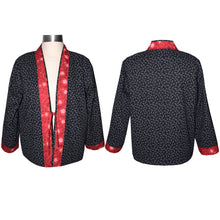 Load image into Gallery viewer, Hand crafted Kimono Style Jacket in Navy Cotton Print with Red Trim
