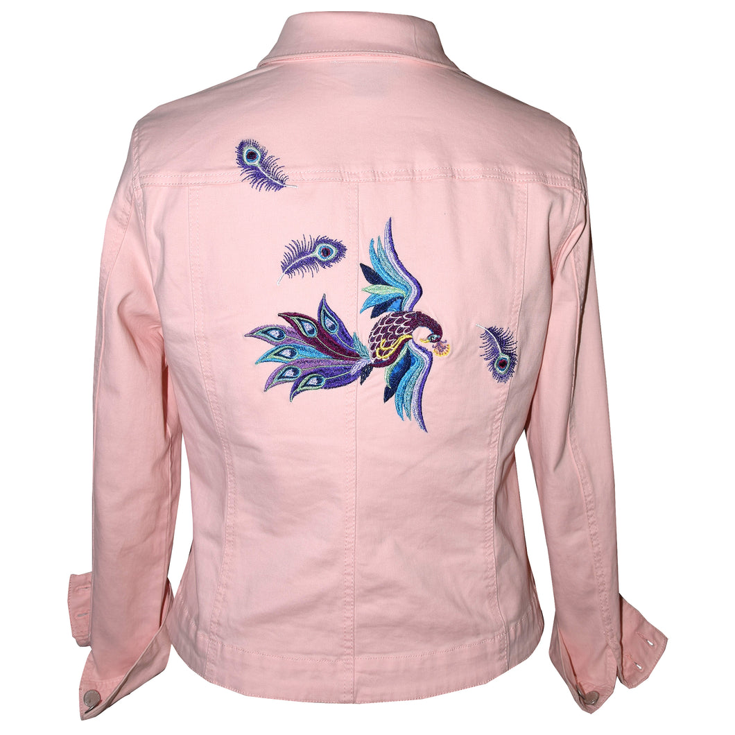 Colorful Embroidered Peacock Pink Denim Jeans Jacket LG