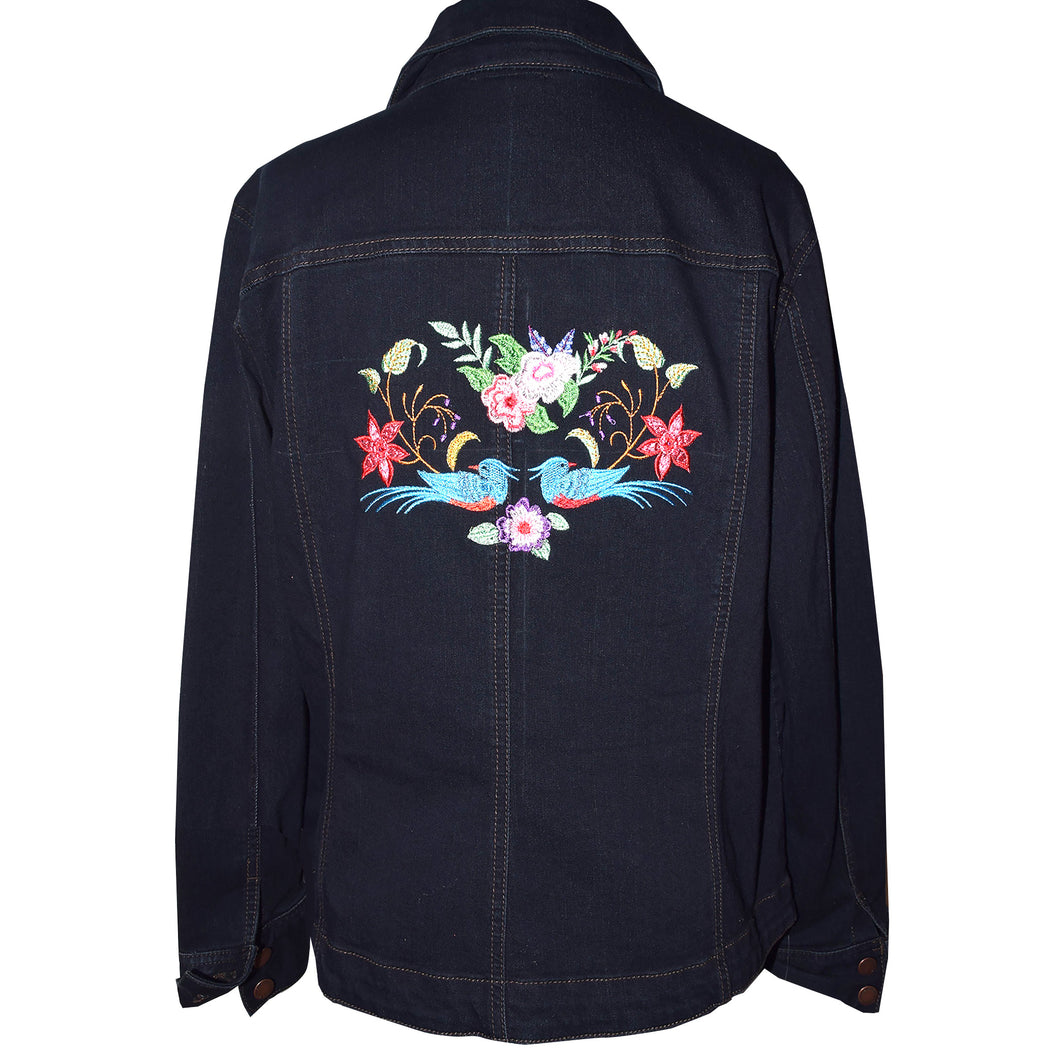 Embroidered Floral Bluebirds Black Denim Jacket LG