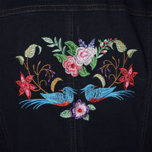 Load image into Gallery viewer, Embroidered Floral Bluebirds Black Denim Jacket LG
