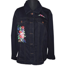 Load image into Gallery viewer, Embroidered Floral Bluebirds Black Denim Jacket LG
