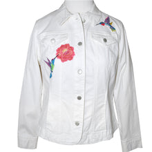 Load image into Gallery viewer, Embroidered Hummingbird White Denim Jacket LG
