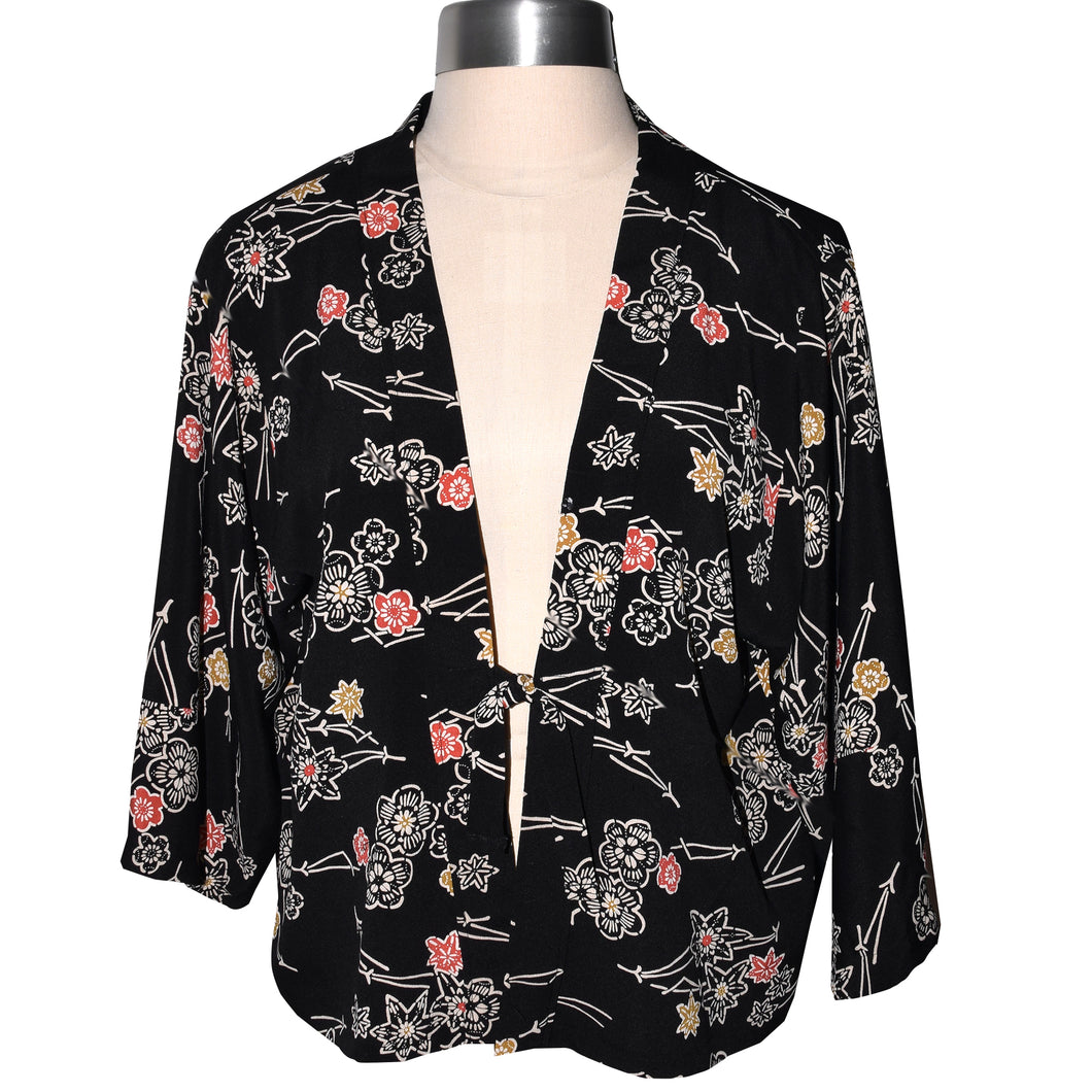 Unique Japanese Black Print Silk Crepe Kimono Style Jacket