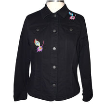 Load image into Gallery viewer, Embroidered Vertical Peacock Black Denim Jacket LG
