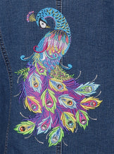Load image into Gallery viewer, Vertical Peacock Embroidered Blue Denim Jacket LG
