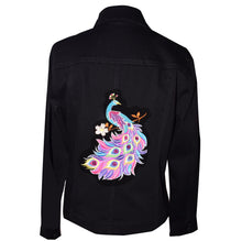 Load image into Gallery viewer, Peacock Embroidered Black Denim Stretch Jeans Jacket XL

