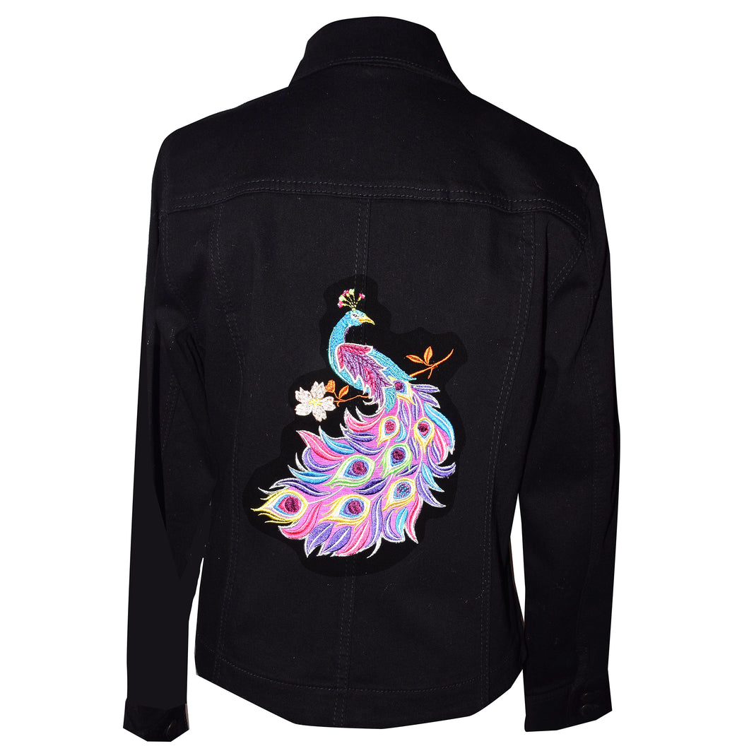 Peacock Embroidered Black Denim Stretch Jeans Jacket XL