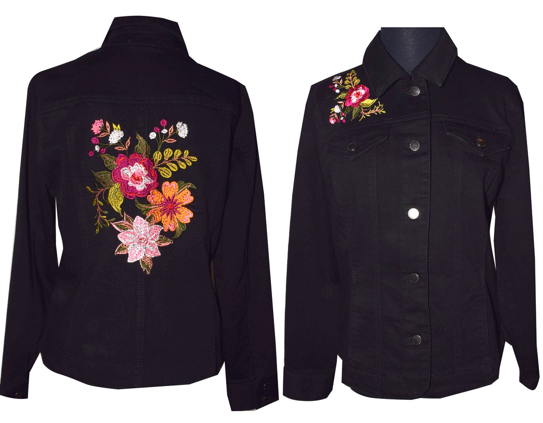 Embroidered Multifloral Black Denim Jacket M