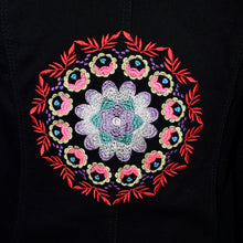 Load image into Gallery viewer, Embroidered Kaleidoscope Black Denim Jacket MED
