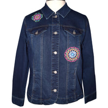 Load image into Gallery viewer, Embroidered Kaleidoscope Dark Blue Denim Jacket LG
