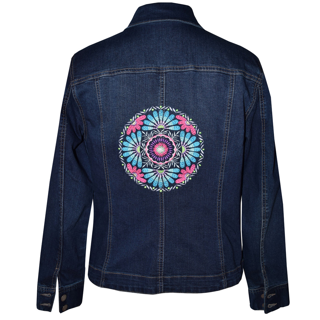 Embroidered Kaleidoscope Dark Blue Denim Jacket LG