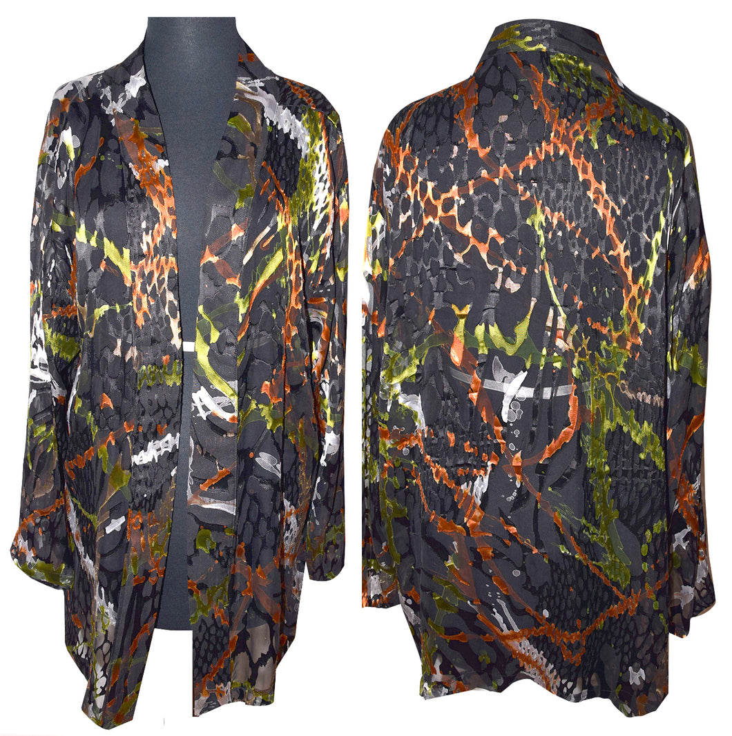 Copper and Black Silk/Rayon Devore Handsewn Silk Kimono Jacket