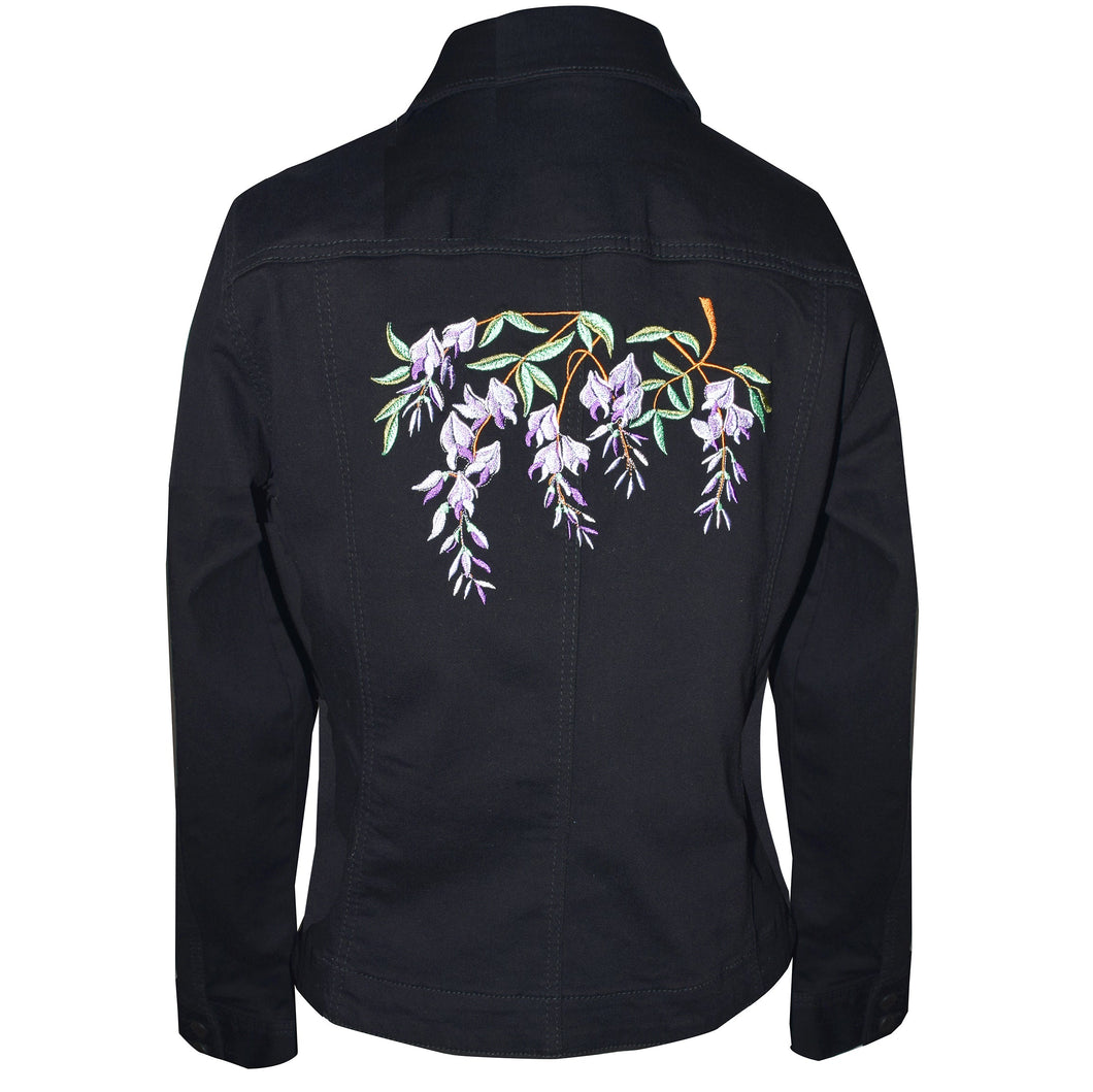 Custom Embroidered Wisteria Black Denim Jacket MED