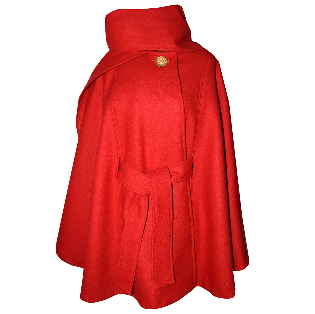 Gorgeous Red Cashmere Blend Wool Cape with Attached Tie Wrap
