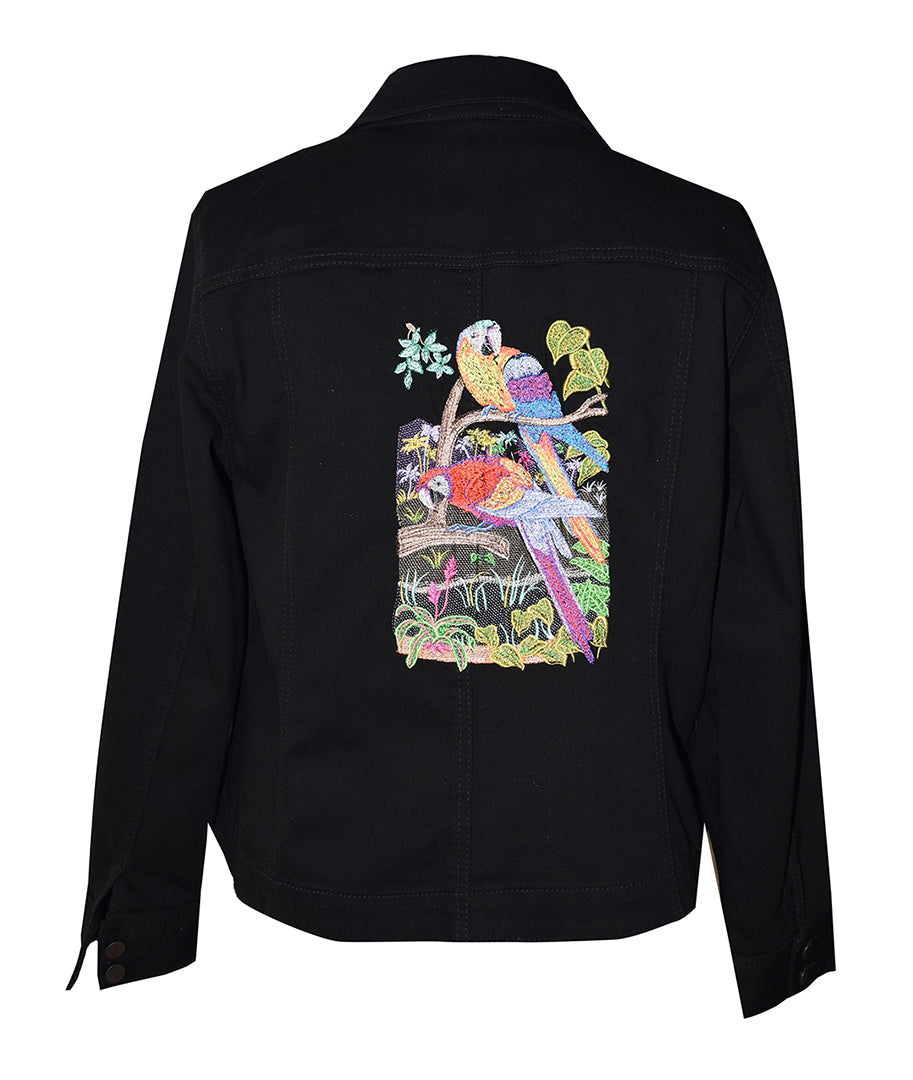 Embroidered Tropical Bird Black Denim Jacket XL