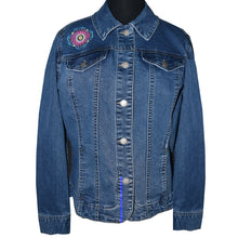 Load image into Gallery viewer, Embroidered Kaleidoscope Blue Denim Jacket SM
