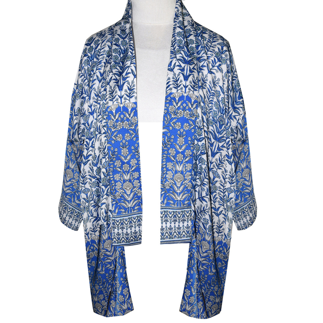 One of a Kind Blue and White Print Polyester Silky Kimono Jacket