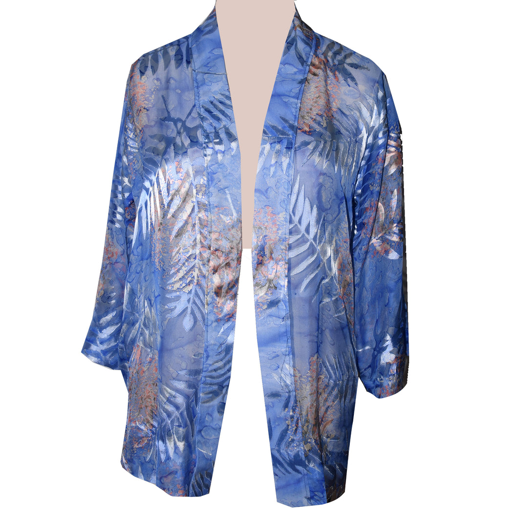 Elegant Devore Satin Chiffon Fern Blue Kimono Style Jacket