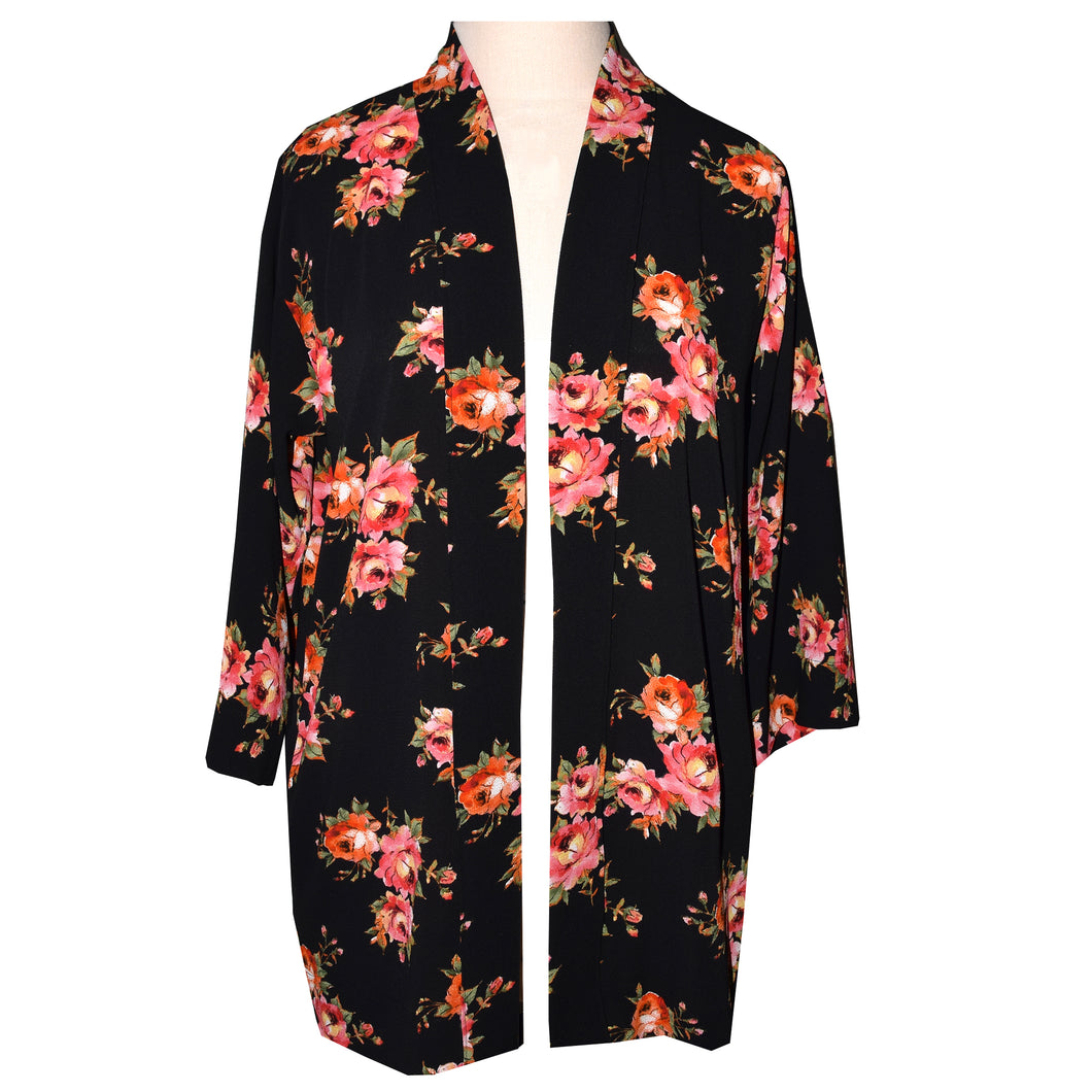 Lovely Black Crepe Kimono Jacket with Red Floral Motif