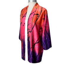 Load image into Gallery viewer, Beautiful Silk Charmeuse Kimono Jacket in Printed Pattern of Purple/Pink/Coral
