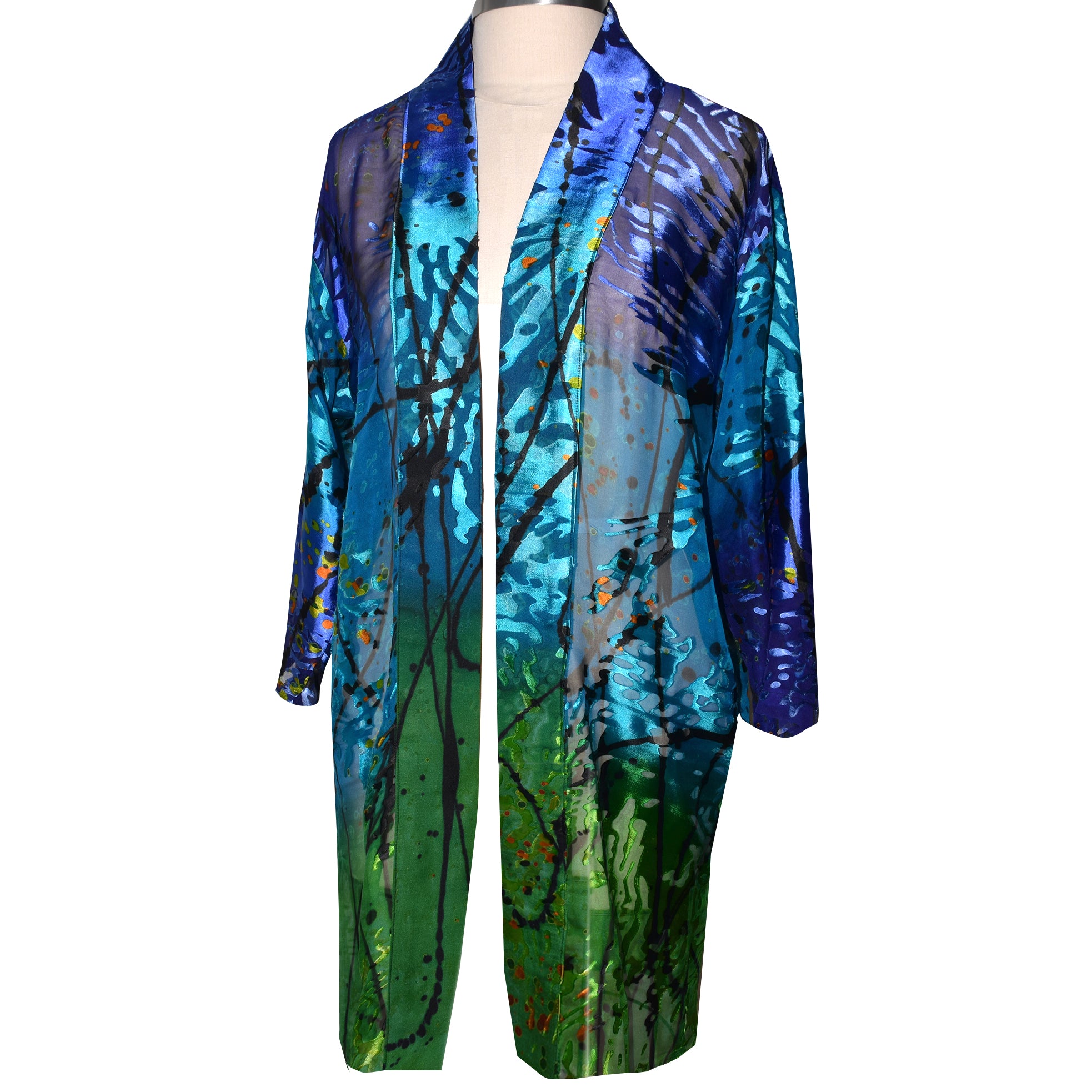 Luxurious Sheer Blue Green Print Painted Silk Devore Kimono Jacket