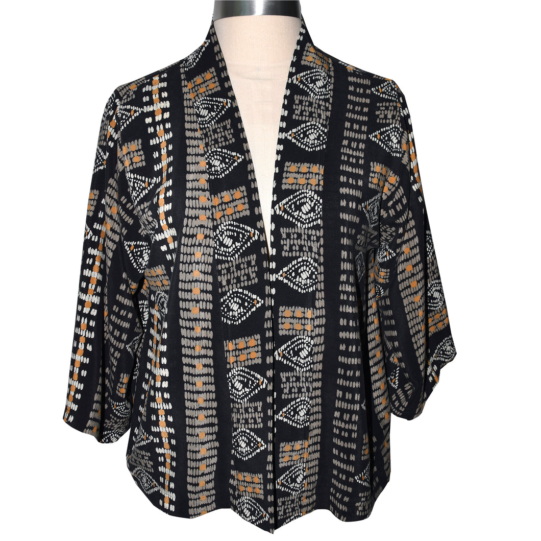 Black Gold Pattern Printed Crepe de Chine Silk Kimono Jacket