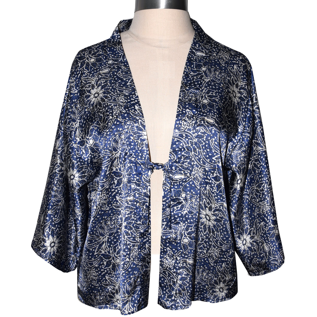 Luxurious One of a Kind Blue Print Silk Charmeuse Kimono Jacket