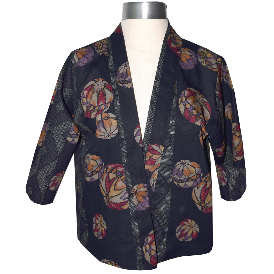 Handcrafted Navy Asian Print Cotton Kimono Style Jacket