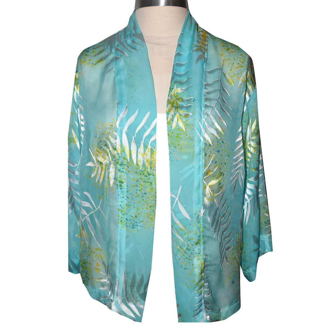 Beautiful Fern Aqua Sheer Silk Devore Kimono Jacket