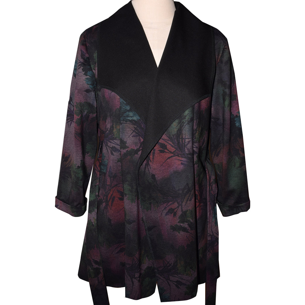 Beautiful Floral on Black Ponte Knit Wrap Jacket with Flap Collar