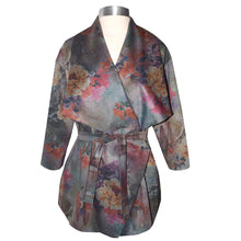 Load image into Gallery viewer, Beautiful Floral on Deep Gray Knit Wrap Jacket with Roll Collar
