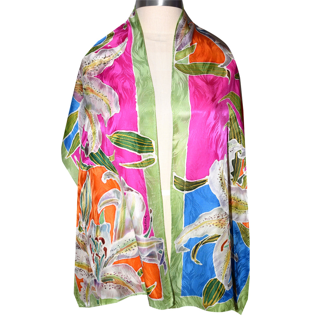 Exquisite One of a Kind Tiger Lilies Floral Silk Scarf/Shawl