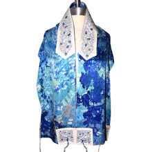 Load image into Gallery viewer, Blue Turquoise Crackle Hand Painted Jacquard Silk Tallit Prayer Shawl
